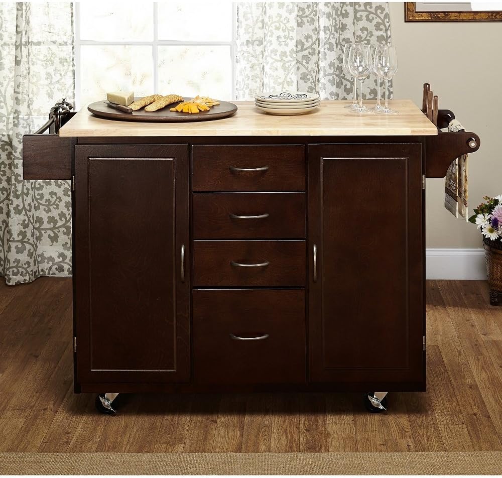 LIVING Contemporary Country Style Mobile Island Rolling Espresso/Natural Country Cottage Kitchen Cart Storage Drawers and 2-Cabinets with Adjustable Shelf Towel Rack Espresso