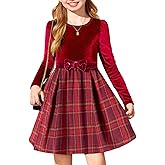 Arshiner Girls Dresses Long Sleeve Velvet Plaid Patchwork Holiday Party Dress with Pockets