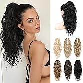 LONAI Black Ponytail Extension, 18" Wavy Claw Clip Ponytail Extensions ZJ001 Shoulder Length Curly Wavy Claw Clip in Ponytail Hair Extensions Synthetic Fake Pony tails Hairpieces-Black