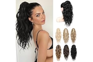 LONAI Black Ponytail Extension, 18" Wavy Claw Clip Ponytail Extensions ZJ001 Shoulder Length Curly Wavy Claw Clip in Ponytail Hair Extensions Synthetic Fake Pony tails Hairpieces-Black
