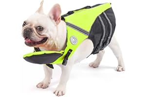 Petglad French Bulldog Life Jacket, Life Vest with Chin Float Rescue Handle for Corgi Pug, Adjustable High Visibility Flotation Swim Vest for Swimming Boating (Green)