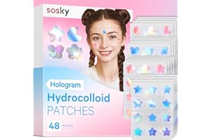Sosky Hologram Pimple Patches for Face, Hydrocolloid Acne Patches with Salicylic Acid, Cute Star Zit Stickers,Colorful Blemish Covers,48 Count Blue Pink Star Moon Butterfly Flower