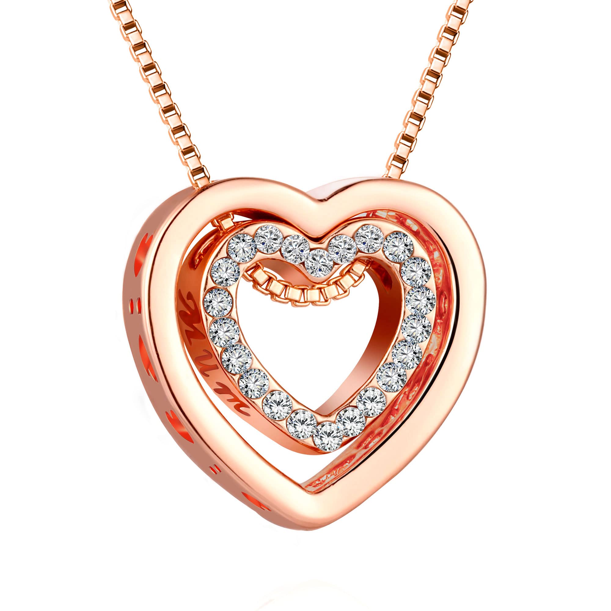 Heart Necklace for Women Rose Gold Silver Double Heart Pendant Necklace with Crystals Decorated I Love U Engraved Gift Box (Mum, I Love U)