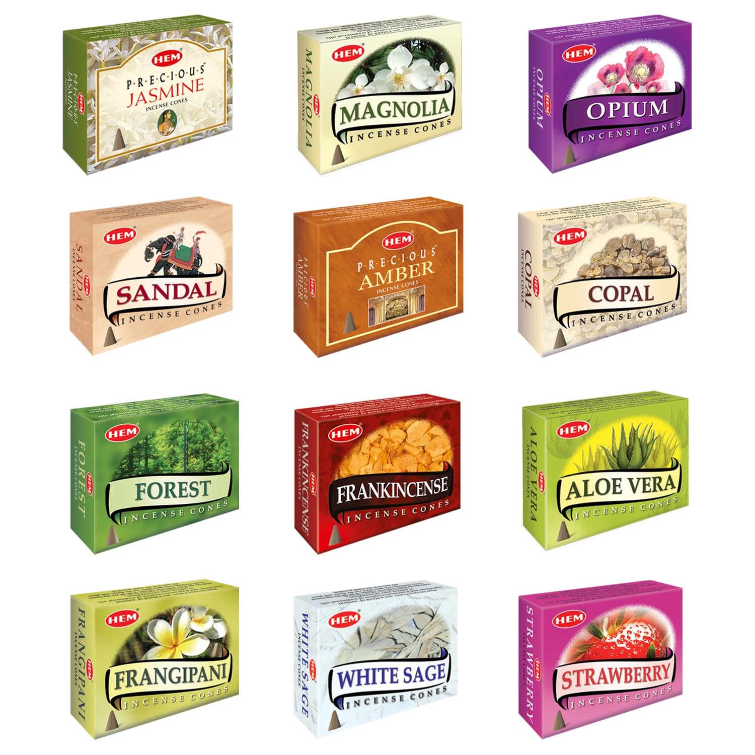 12 Assorted Boxes of HEM Incense Cones, Best Sellers Set 12 X 10 (120 total)