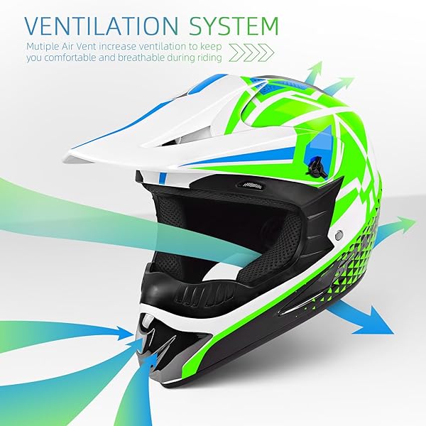 YOUTH DIRT BIKE HELMETS DOT APPROVED FASHION KIDS MOTOCROSS, ATV, OFF-ROAD, FOUR WHEELERS, BMX MOTORCYCLE BIKE HELMETS (GOGGLES GLOVES FACESHIELD) (W-GREEN, MEDIUM)