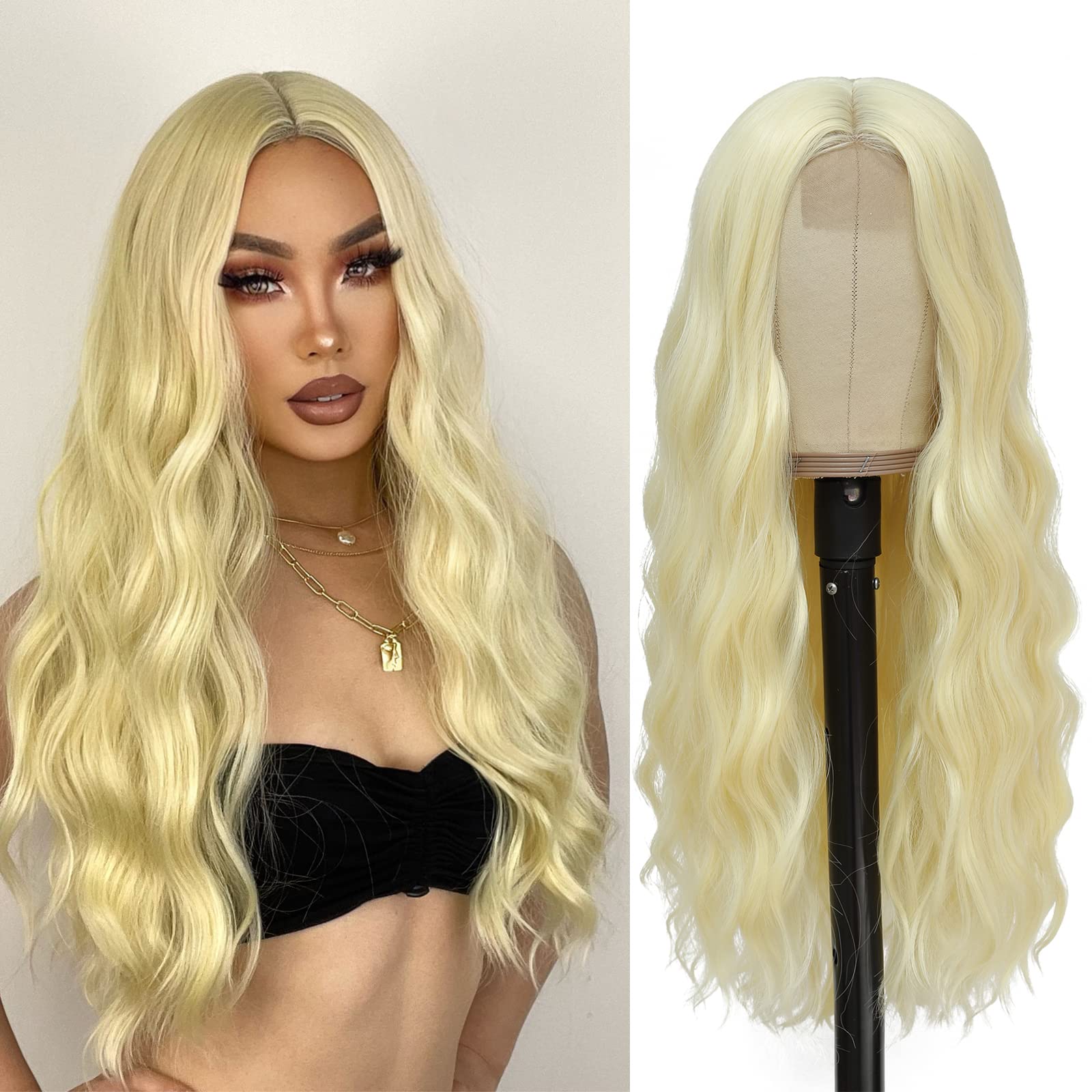 Photo 1 of YBYMCAI Blonde Wig - Long Blonde Wavy Wigs for Women Middle Part 613 Wigs 26 inch Natural Curly Synthetic Wig Heat Resistant Fiber Wigs for Daily Party Use