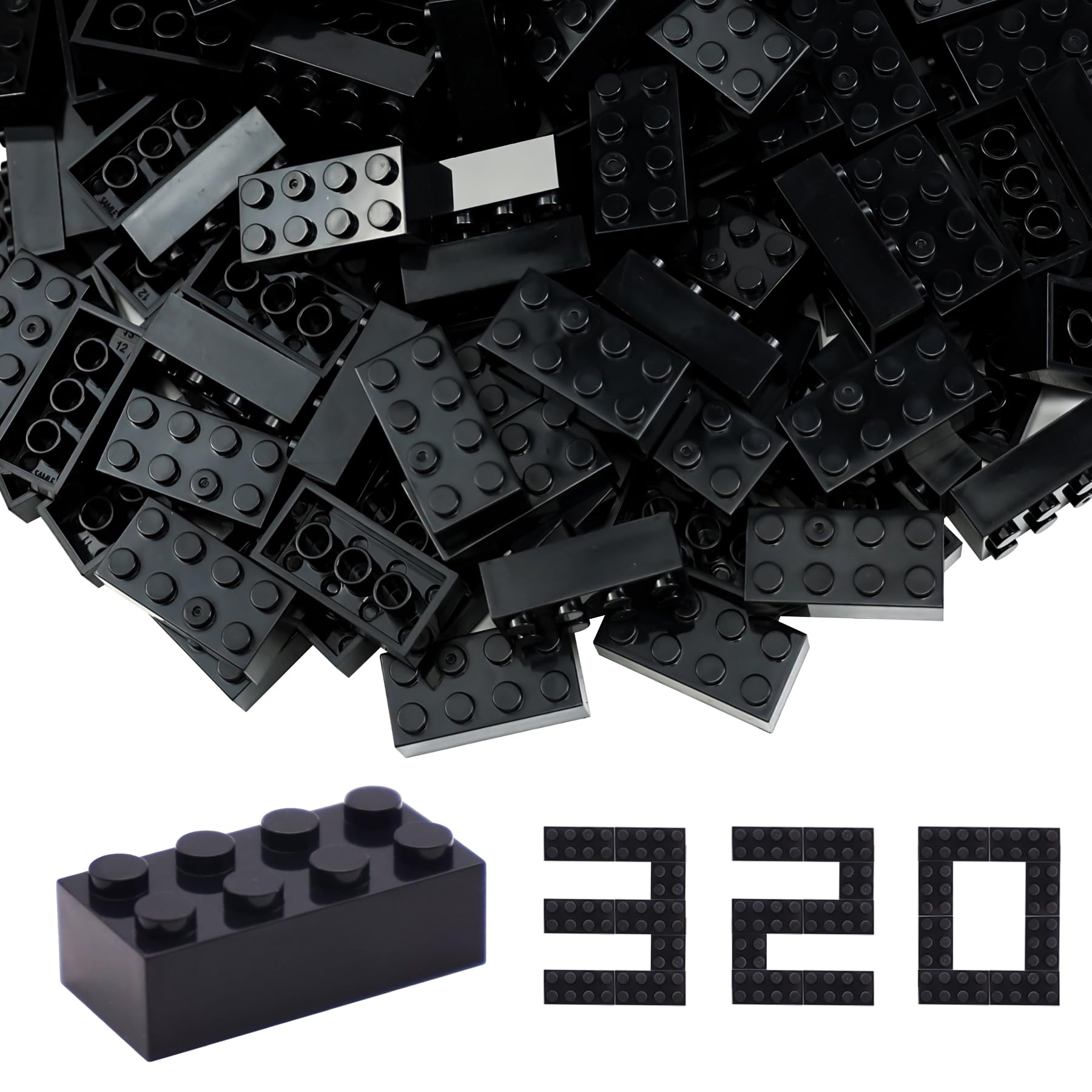 WYSWYG Building Bricks 2x4 Stud 320 Pcs Black, Classic Construction Blocks Bulk Set, Compatible with All Major Brands (S082)
