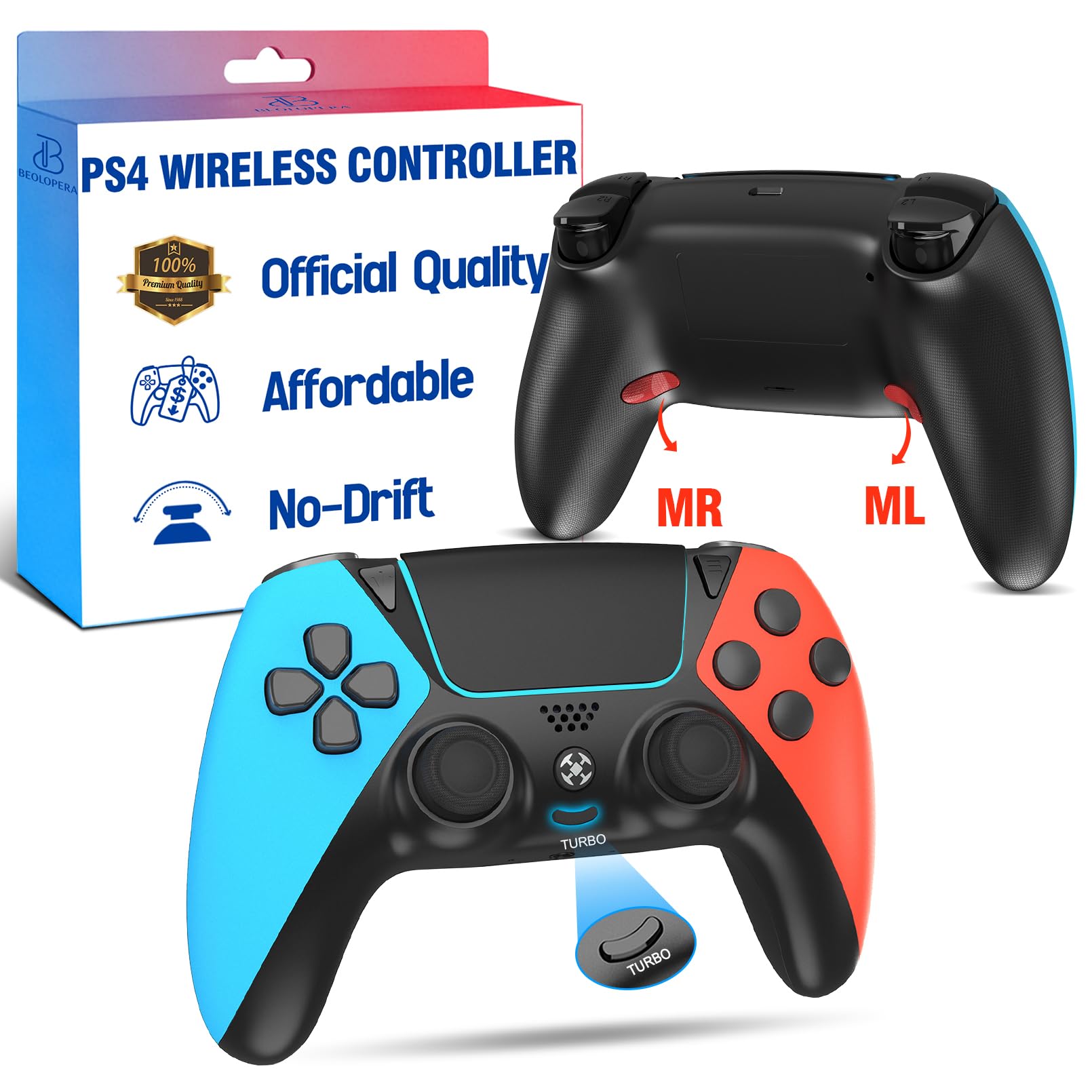 BELOPERA Control for PS4 Controller,Wireless Remote for Playstation 4 Controller,No Drift ALPS Joystick,Cheap Custom for PS4 Slim Pro PC,Dual Vibration Gamepad with Back Paddles,Turbo,Blue