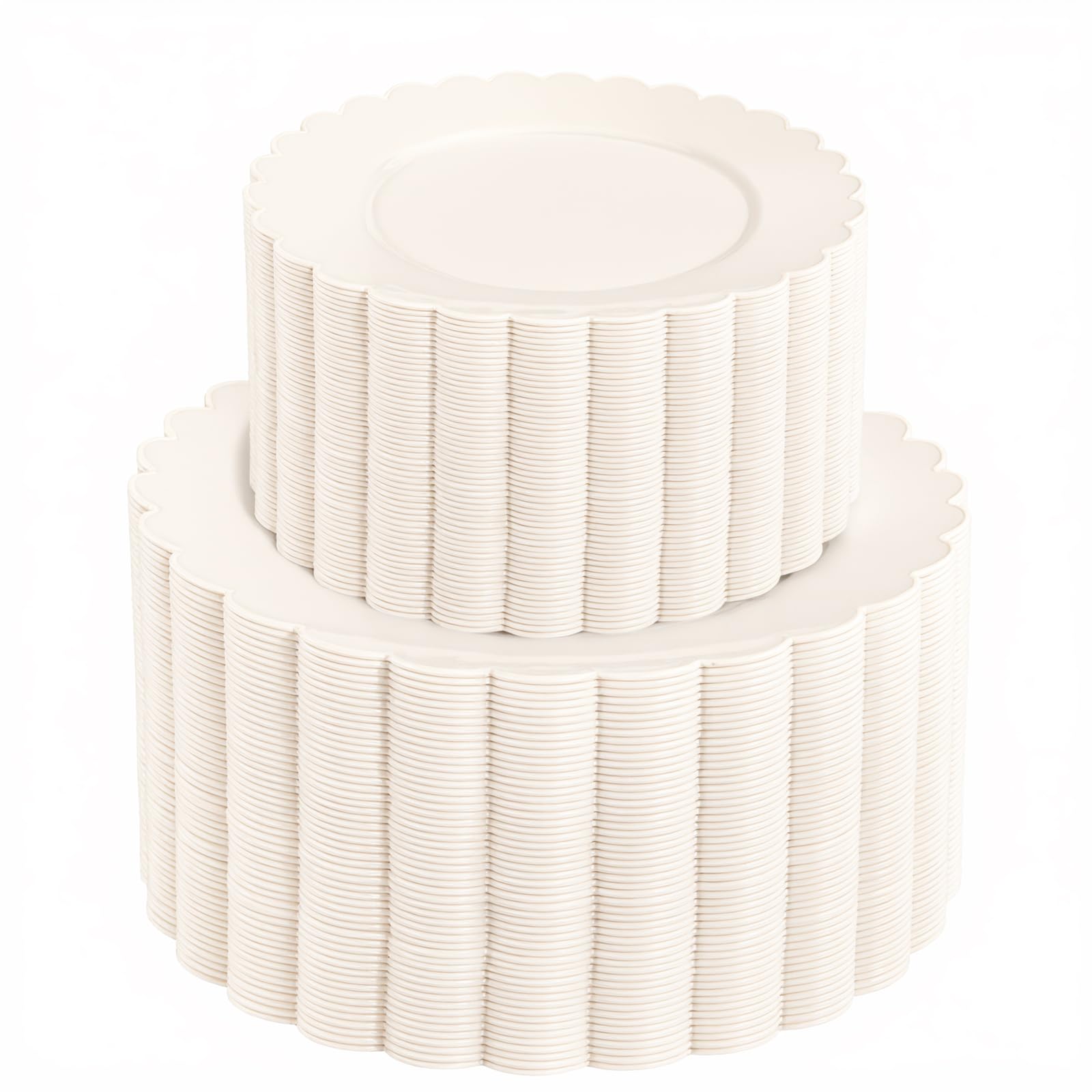 Photo 1 of ITEM IS MISSING PARTS, UNSURE HOW MANY  PARTS ARE MISSING --------------------supernal 100pcs Ivory Plastic Plates Fancy Disposable Scalloped Plates for Party Heavy Duty for Party,Wedding,Brthdays Bridal Shower Plate Include 50 Plastic Dinner & Dessert Pl