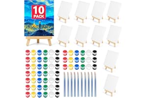 Pomaylor 10 Pack 5x7In Canvas Boards for Painting, Mini Canvases with Easels Set, Drawing Kits for Adults & Kids Party with Acrylic Paint, Canva, Easel, Brushes