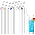 8 Pcs Reusable Glass Straws with Flower Butterfly Glass Clear Shatter Resistant Bent Colorful Floral Cute Reusable Straws with 2 Pcs Brush for Party Drink Cocktail
