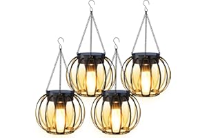 AOUNQ Solar Lanterns Outdoor Waterproof 4 Pack, Upgraded Metal Hanging Solar Lights for Outside with Auto On/Off & Hook - Brighter Hanging Outdoor Lanterns Decorative Lighting for Garden Patio Yard