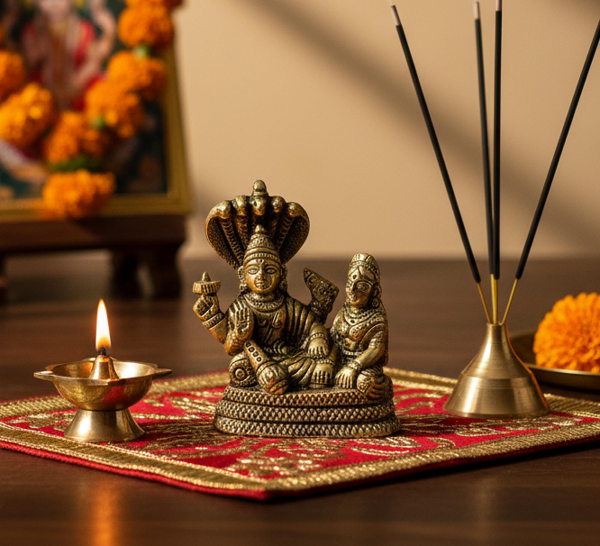 ESPLANADE Brass Lakshmi Narayan - Lord Vishnu Laxmi in Ksheer Sagar - Murti Idol Statue Sculpture - 3.1" Inches