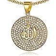 Pitmmord Hip Hop Rapper Iced Out Stainless Steel Allah Pendant Round Necklace With Rhinestones Arabic Medallion