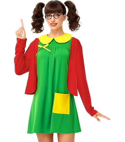 Cuzeolin La Chilindrina Costume Dress for Women Green Dress Red Knit Cardigan Shorts Glasses Halloween Cosplay Outfit XS : Clothing, Shoes & Jewelry
