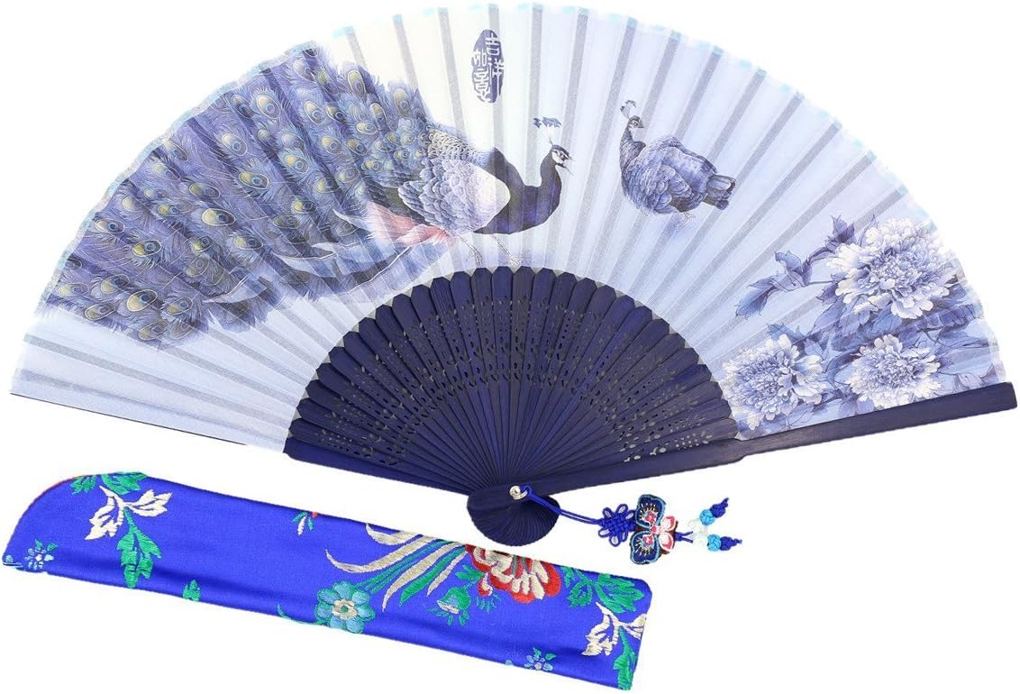 Wise Bird Chinese Fan Japanese Folding Hand Fan, Vintage Retro Style Fan 8" Bamboo/Wood/Sandalwood Fan, Silk Fan Purse Fan, Wedding Favors, Home Decor Fan with Sleeve/Embroidery Tassel - F512