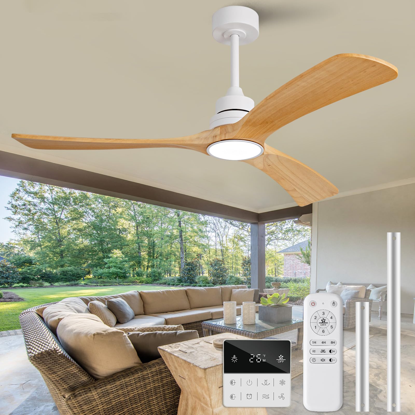 omyu ceiling fan with light 52 inch,remote control,wall switch,solid wood blades,dimmable,reversible