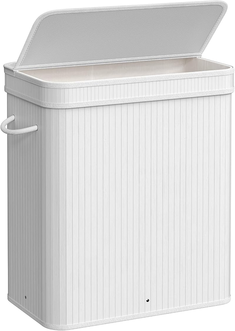 SONGMICS 100 L Bamboo Laundry Hamper with Lid Removable Liner White LCB063W01