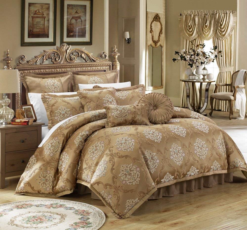 Chic Home 9 Piece Aubrey Decorator Upholstery Comforter Set and Pillows Ensemble, King, Gold