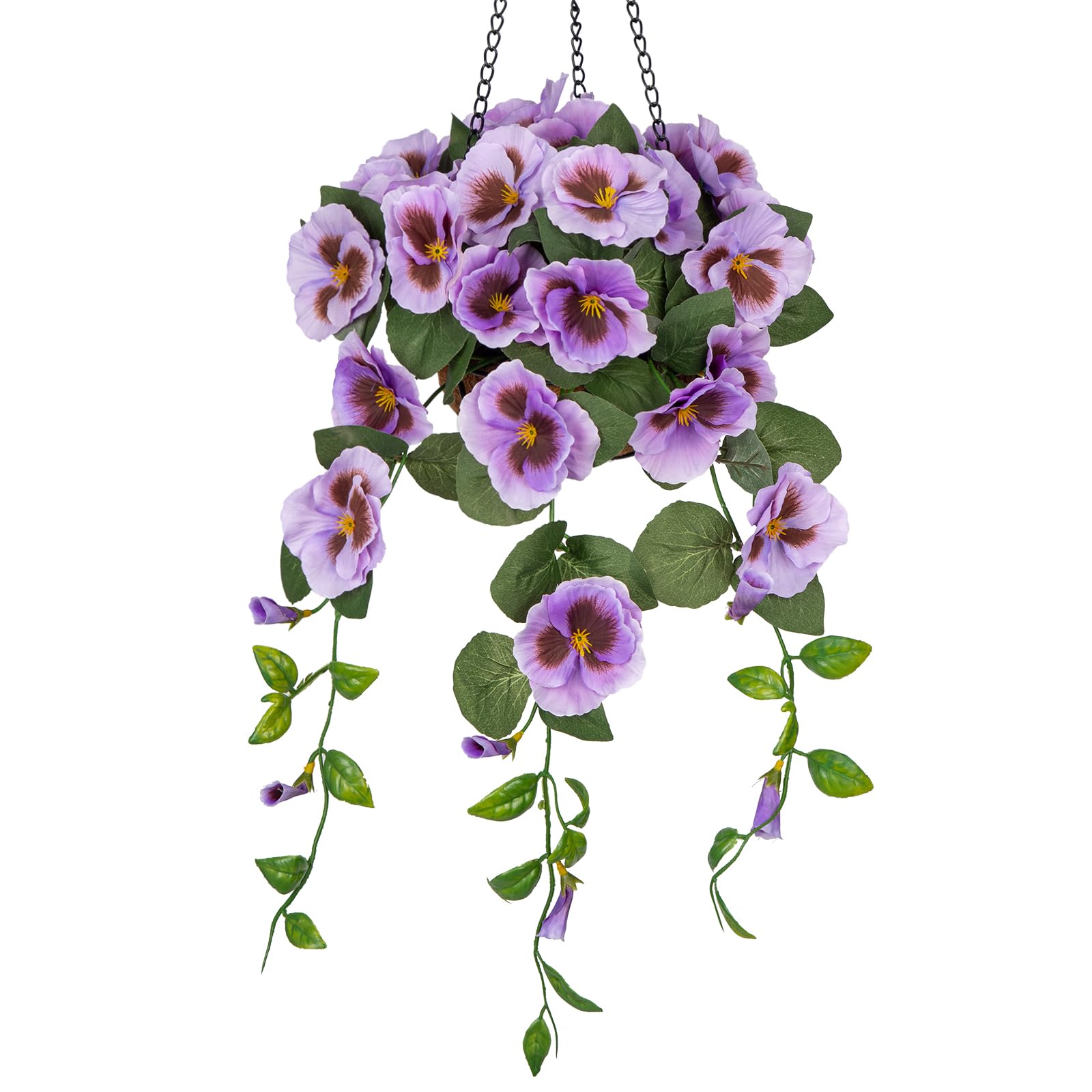 Hollyone 17.7" Hanging Basket Artificial Flowers Outdoor, Silk Pansies Purple Fake Flowers, Balcony Accessories Home Decorations for Garden, Front Door