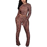 Kafiloe Club Outfits for Women Sexy 2 Piece Sets Going Out Mesh Long Sleeve Crop Top Bodycon Flare Pants Clubwear