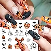 12 Sheets Halloween Nail Stickers Pumpkin Spider Web Cute Ghost Water Transfer Nail Decals Holographic Bloody Hand Skull Nail Art Sticker Decal Nail Art Design for Women Manicure Decoration
