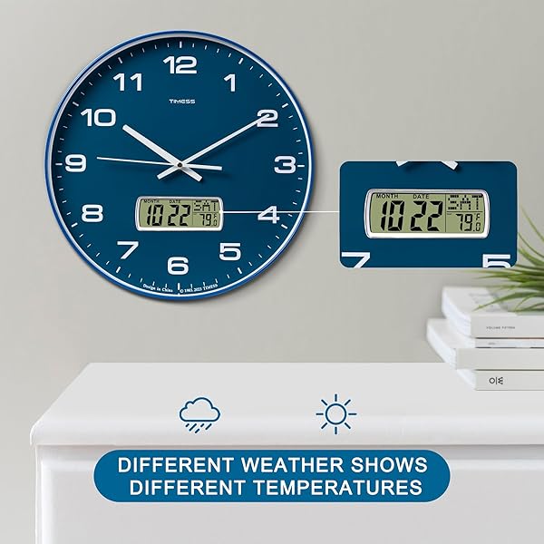 TIMESS WALL CLOCK, 14″ LARGE DIAL NON-TICKING SILENT BATTERY OPERATED ANALOG WITH LCD DISPLAY FOR PERPETUAL CALENDAR AND F° TEMPERATURE, IDEAL MODERN HOME, BEDROOM, KITCHEN, OFFICE DECOR (BLUE)