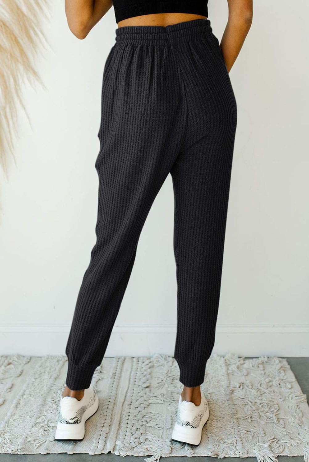 MIROL Women's Active Drawstring Joggers Pants Elastic Waist Waffle Knit Trousers Athletic Solid Color Sweatpants with Pockets: Clothing