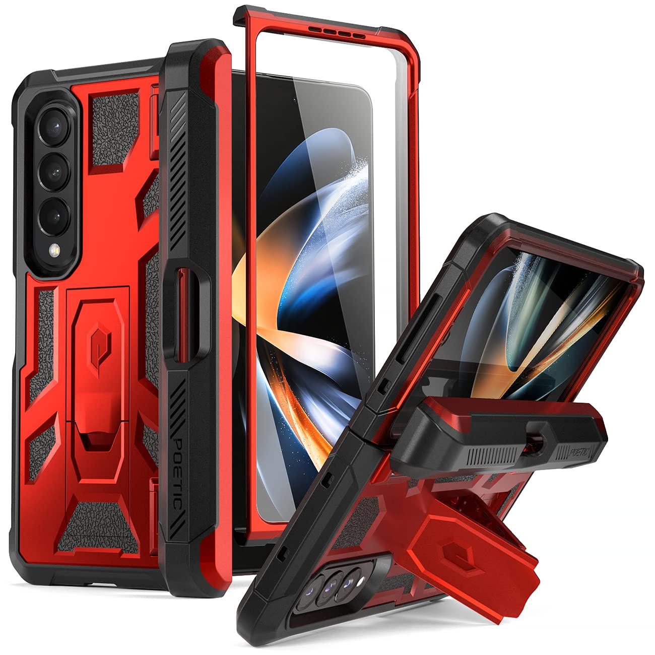 Poetic Spartan Case Compatible with Galaxy Z Fold 4, Case with S Pen Holder, Built-in Screen Protector and Kickstand, Full Body Rugged Hinge Protection, Matte Black (Red)