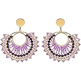 Unurgoonit Purple Beaded Hoop Earrings for Women, Gold Circle Drop Earrings, Handmade Boho Bead Dangle Jewelry