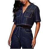 Floerns Women's Collared V Neck Denim Crop Tops Short Sleeve Casual Loose Jean Top