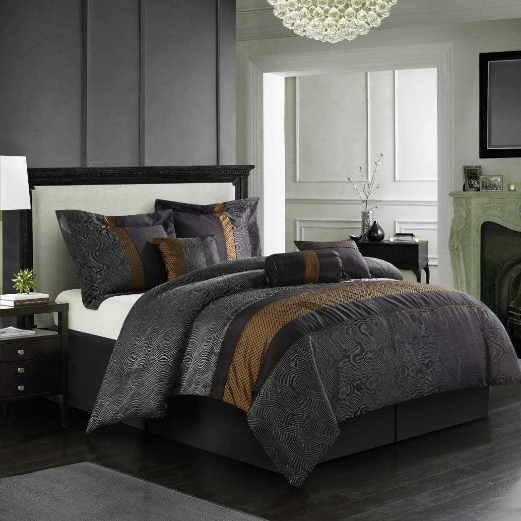 Amazon.com: 7 Piece Brown Black Geometric Stripe Comforter Cal King Set