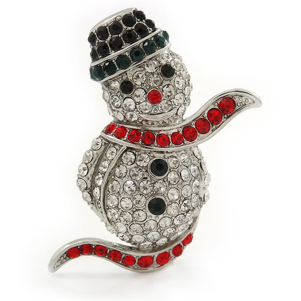 Christmas Crystal 'Snowman' Brooch In Rhodium Plating - 48mm Length