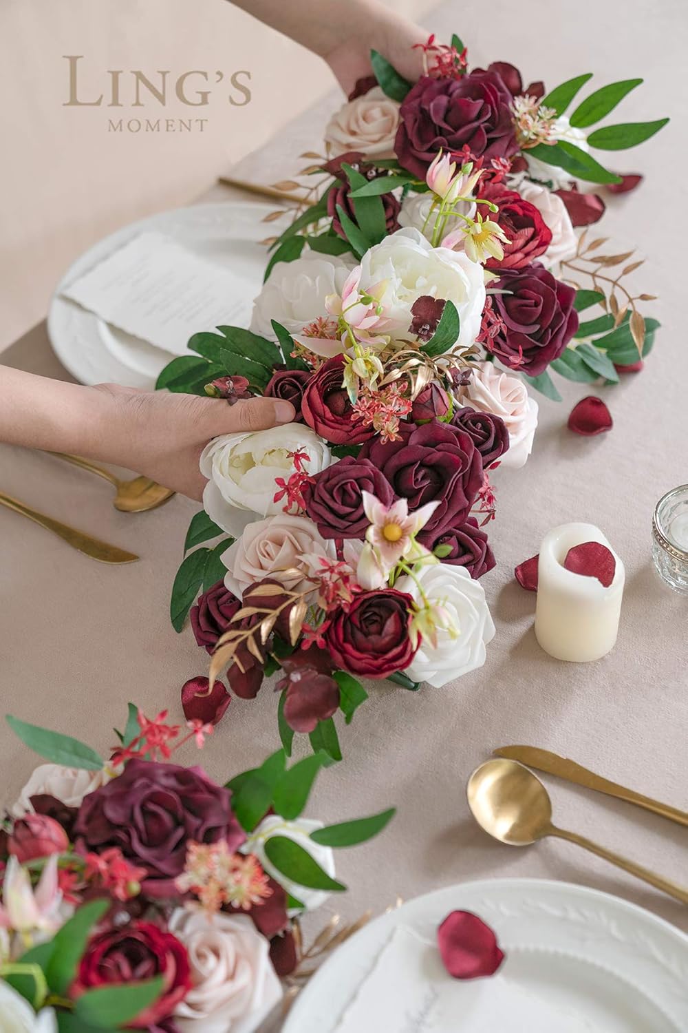 Amazon Com Ling S Moment Ready To Use Wedding Table Centerpieces Marsala Blush Flower Arrangements 34 4 In Total Set Of 2 For Sweetheart Head Reception Banquet Style Table Setting Decorations Kitchen Dining