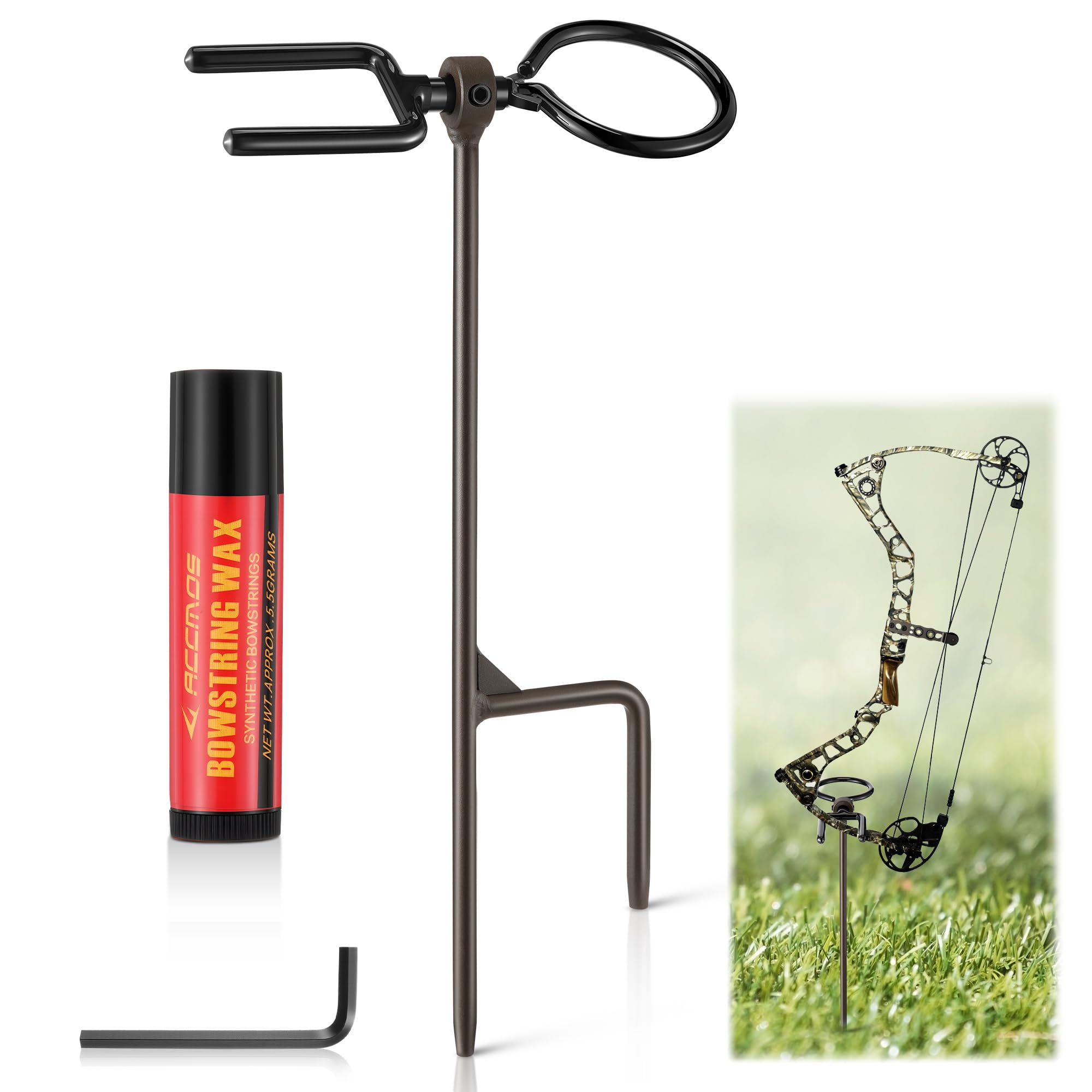 Photo 1 of HappyAlley 1 Pack High Performance Portable Archer's Ground Bow Stake with Bowstring Wax, Durable and Versatile, Includes 360° Rotating Fork and Arrow Ring