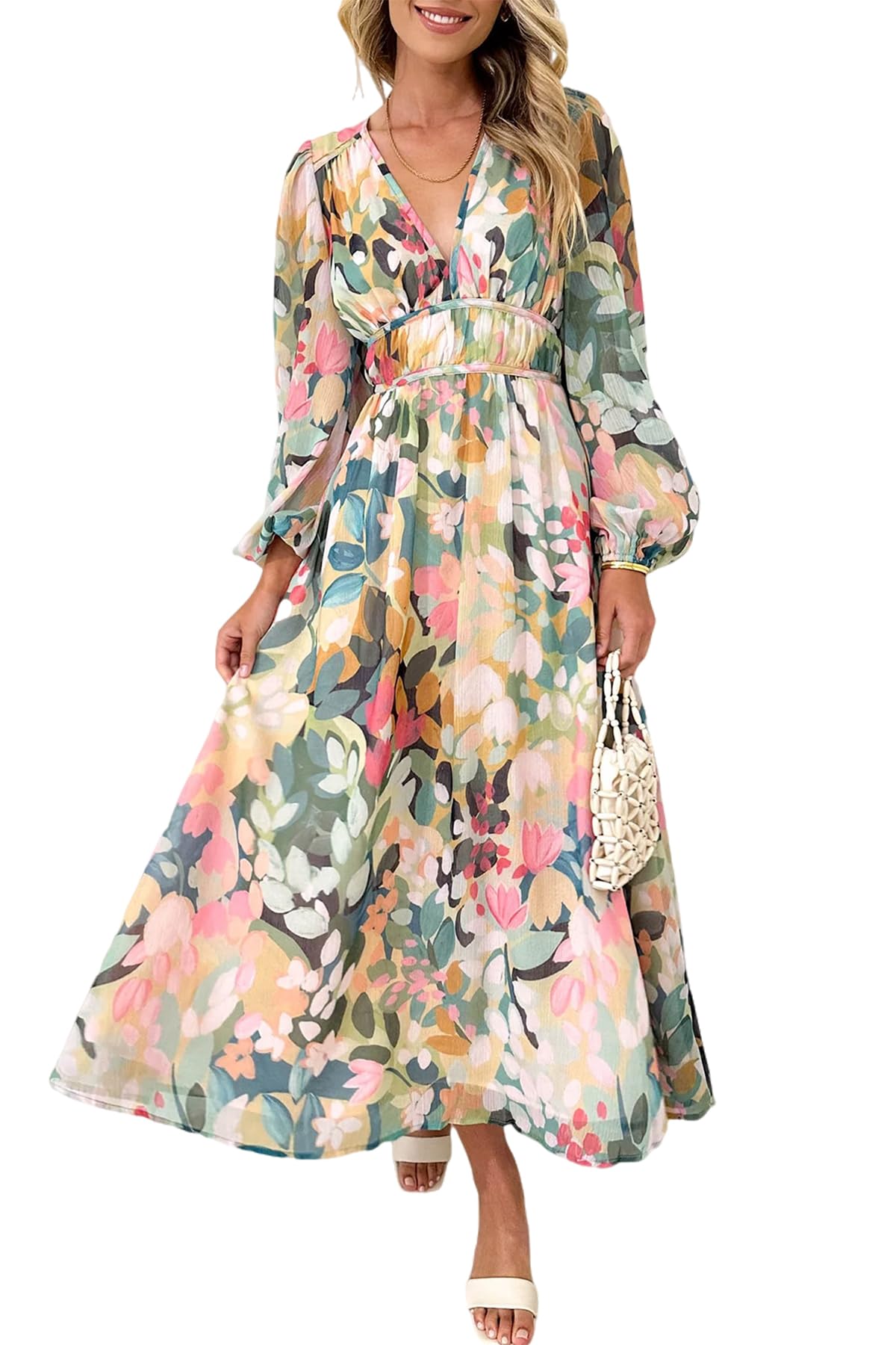 Photo 1 of Maxigerui Women's Long Sleeve Floral Maxi Dress 2026 Spring Summer Wedding Guest Dress Green Floral L