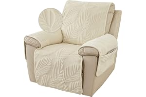 Master Pink Velvet Plush Quilted Recliner Chair Cover, Palm Leaves Design Anti-Slip Super Soft Furniture Protector Slipcover 
