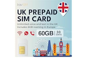 travSIM UK SIM Card | 60GB Data + Unlimited Calls & Texts in UK | 06GB Europe Roaming | Fast Prepaid Mobile Data Coverage in 