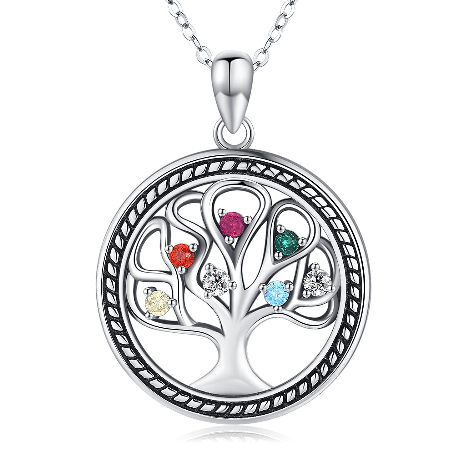 Tree of Life Family Necklace for Women 925 Sterling Silver Colorful Cubic Zirconia birthstone Pendant for Girls Daughter Mother Birthday Gift with Gift Box