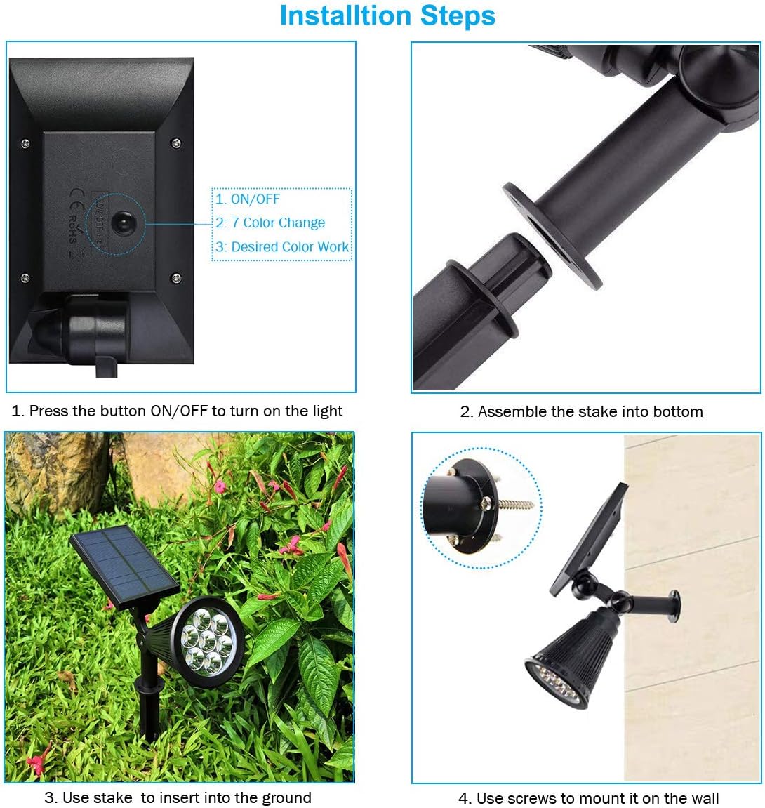 Sunklly Solar Spot Lights Outdoor 2-in-1 Colored Adjustable 7 LED Waterproof Security Tree Spotlights Lawn Step Walkway Garden Changing & Fixed Color (4 Pack): Home Improvement