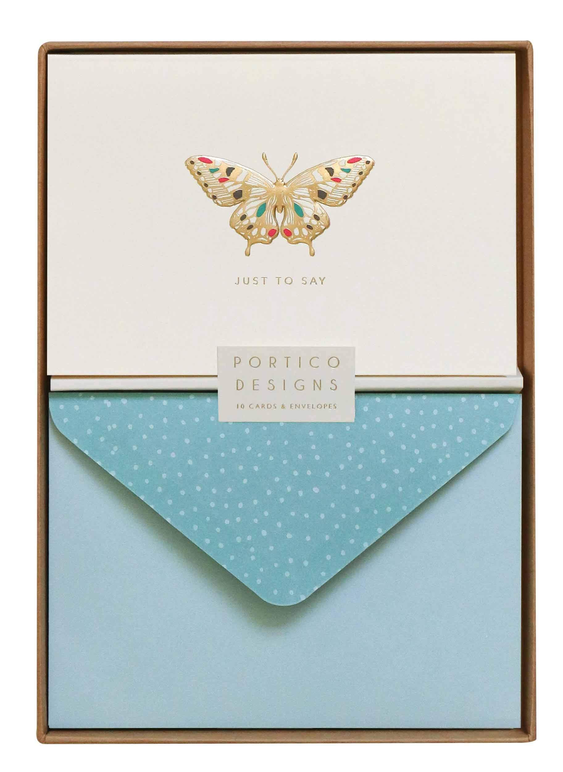 Portico Designs Gold Foiled Jeweled Butterfly Notecard Set of 10 with matching patterned envelopes - Caption Just to Say,Off White