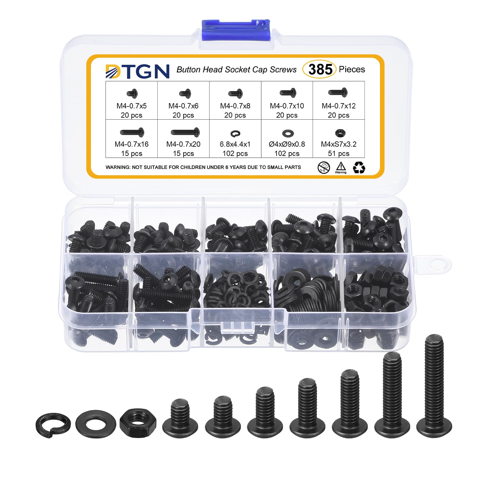 DTGN 385Pcs M4-0.7x5/6/8/10/12/16/20mm Button Head Socket Cap Screws - Carbon Steel Bolt Nut Set Washer Assortment Kit - Good for Road Bicycle, Mountain Bike, Auto