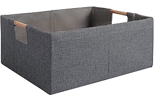 LaMorée Fabric Storage Bin Box Foldable Cotton Linen Storage Basket with Wooden Handles Rectangular Cube Decorative Home Laundry Organizer Clothes Blanket Container – Gray, Large