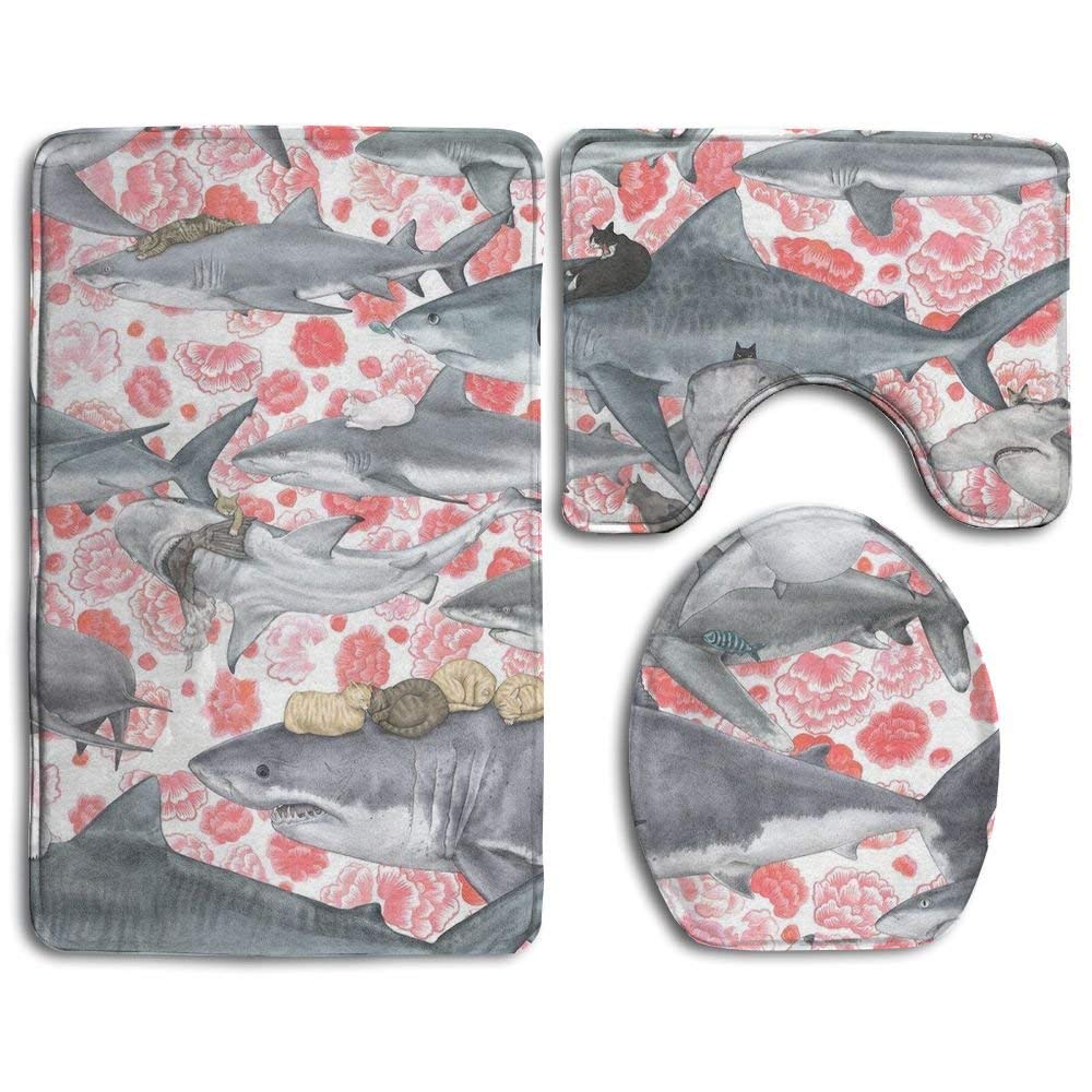 CuteToiletLidABC Black Gold Marble Skidproof Toilet Seat U Shape Cover Bath Mat Lid Cover 3 Piece Non Slip Bath Rug Mats Sets for Shower SPA - Cats Riding Sharks Pirate