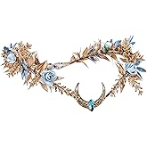 MOSTORY Gold Flower Moon Crown - Handmade Fairy Floral Headpiece Woodland Headband Forest Elven Circlet Elf Tiara for Renaissance Halloween Party Wedding Prom Cosplay