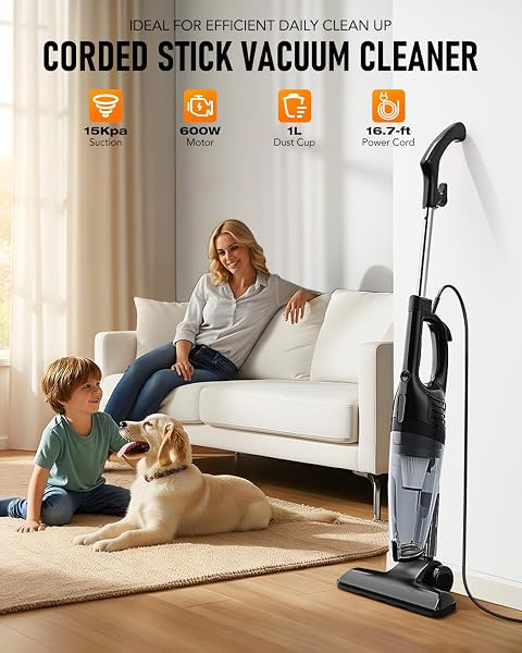 AVVNEE CORDED STICK VACUUM CLEANER, 15000PA STRONG SUCTION 600W MOTOR, ULTRA-LIGHT 3 LBS BAGLESS VACUUM FOR HARD FLOORS, LOW-PILE RUGS & PET HAIR, CREVICE TOOL, 1L DUST CUP, 16.7FT CORD (BLACK)