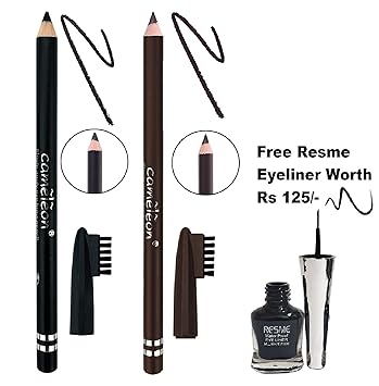 AYA Cameleon Eyebrow Pencil with Brush (Black, Dark Brown) with Resme Eyeliner
