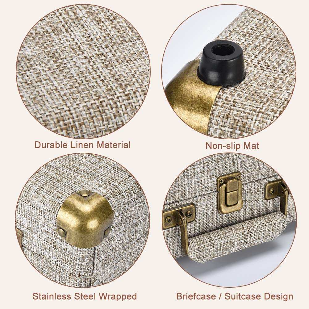 Vinyl Record Player, SKEVONO 3 Speed Portable Suitcase Turntable, Bluetooth Vintage Record Player with 2 Built-in Speakers, Supports RCA Output/Headphone Jack/Phone Music Playback (Light Beige Linen)