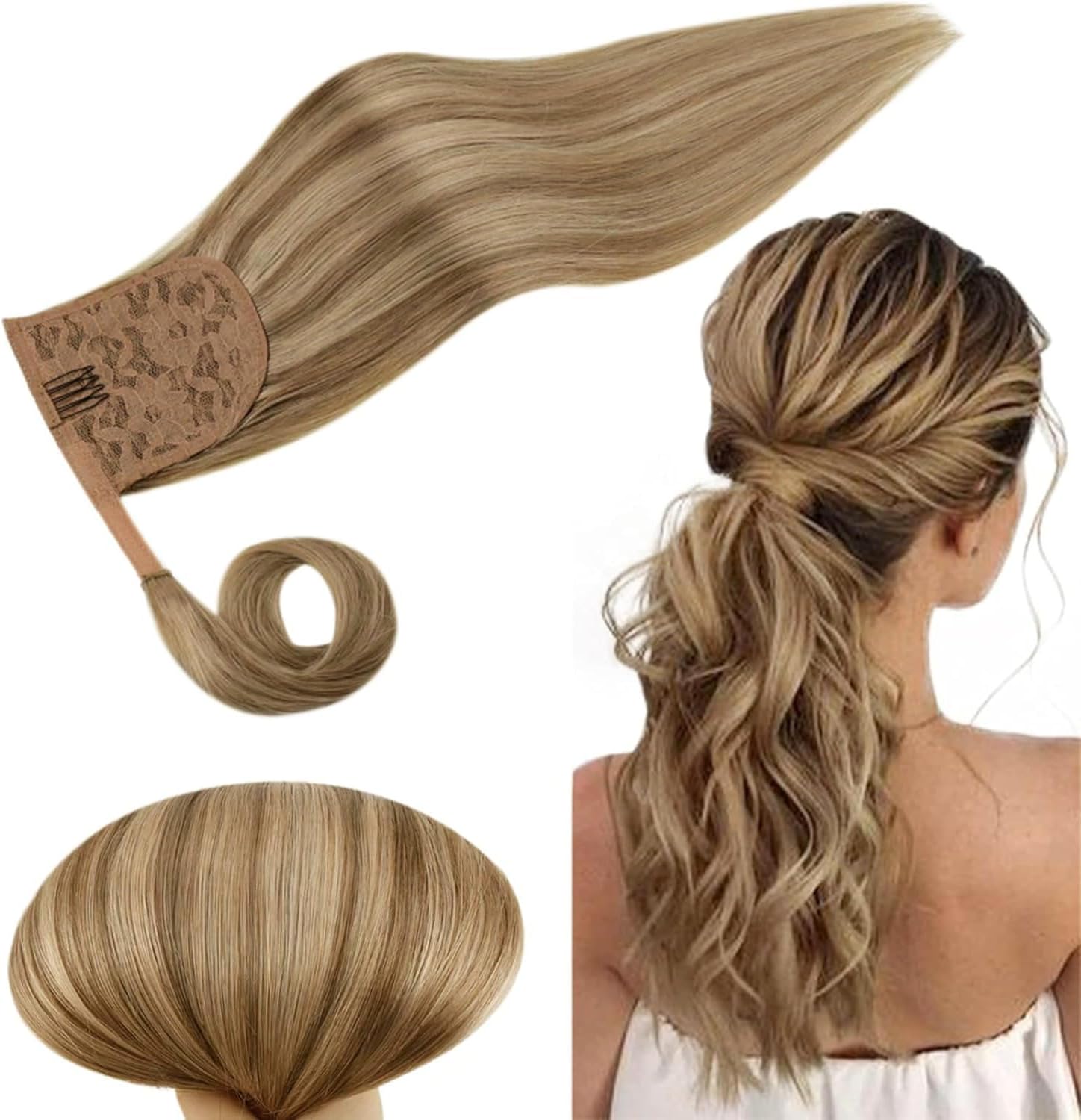 RUNATURE Human Hair Ponytail Extension Blonde Ponytail Hair Extension Dark Blonde Highlight Caramel Blond Short Ponytail Human Hair Extensions Straight Pony Tails Hair Extension 12 Inch 70g