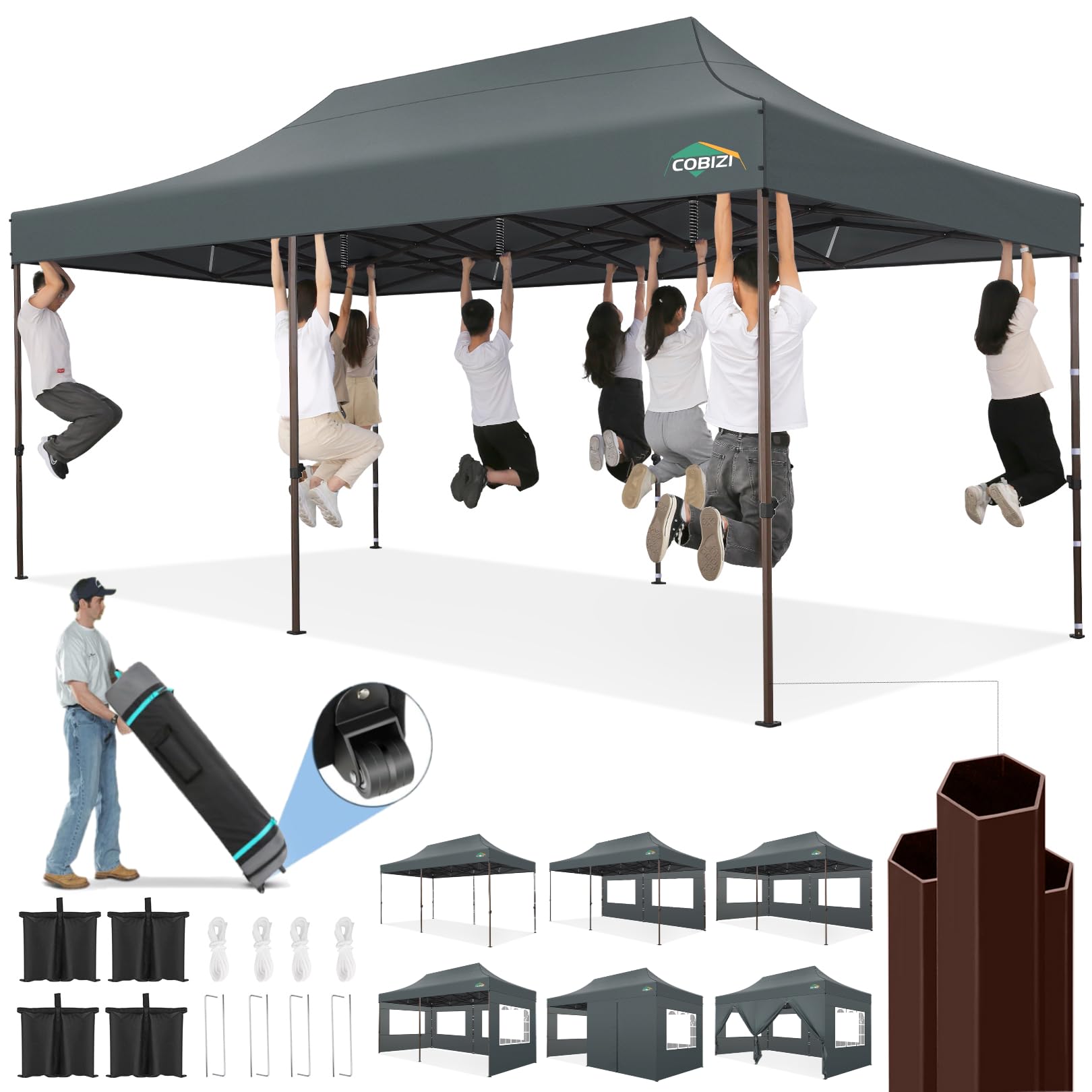 Photo 1 of ****MAJOR DAMAGE/PARTS ONLY**** COBIZI Heavy Duty 10x20 Pop up Canopy Tent with 6 Sidewalls, Commercial Instant Canopies Tents for Parties Gazebos with Roller Bag, All Season Wind & Waterproof UPF55+,Thickened Frame, Gray